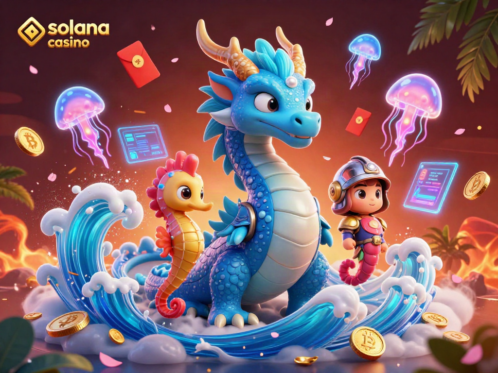 Engage with the vibrant world of Solana casino, featuring a majestic dragon and coral knight.