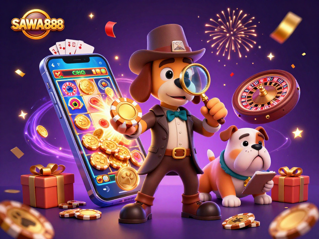 SAWA888 features a lively scene with a cartoon detective and a bulldog exploring poker chips in a colorful casino.