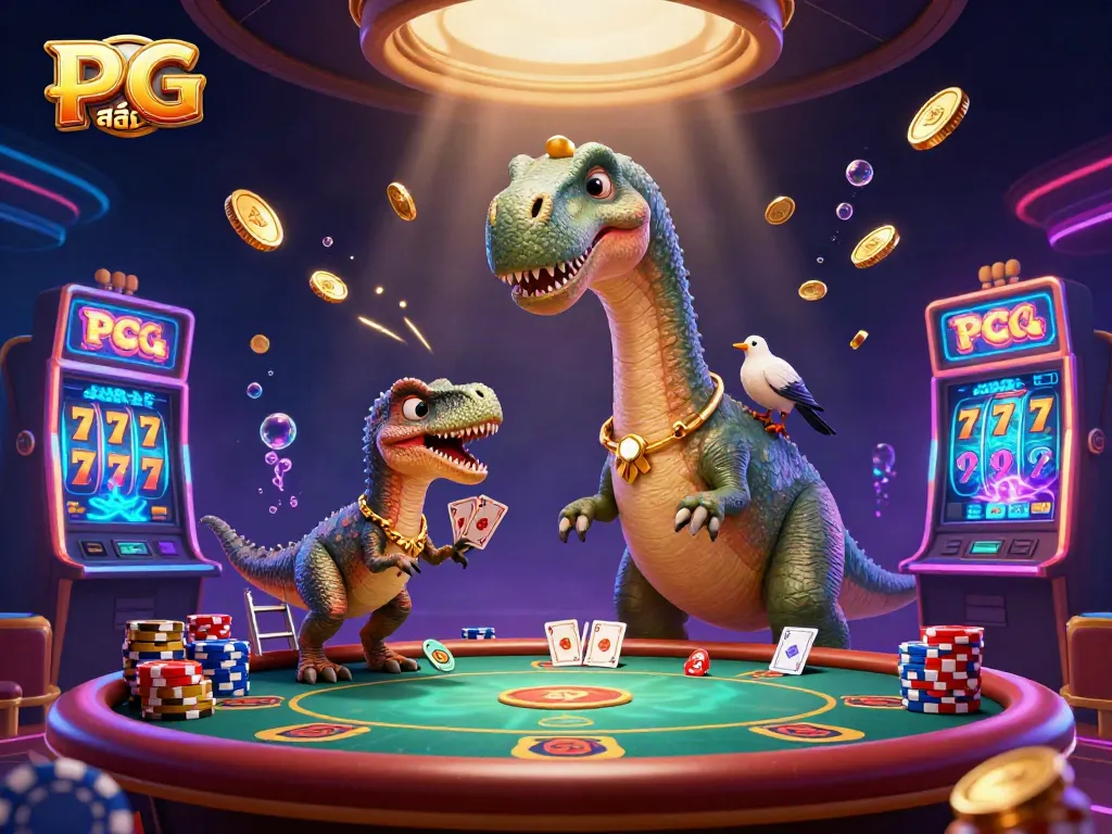 Engaging scene with PG สล็อต featuring a towering brontosaurus surrounded by dynamic casino elements.