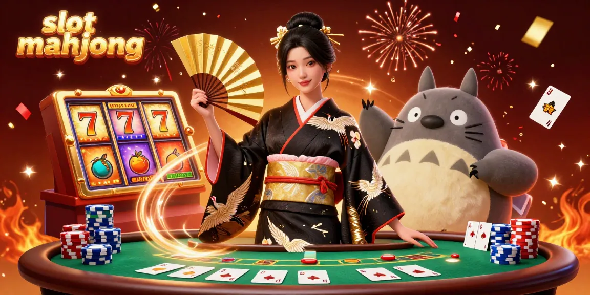 Experience slot mahjong with elegant characters and vibrant casino elements in this colorful illustration.