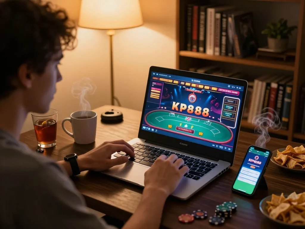 Engaging scene of a player enjoying kp88 online poker, showcasing excitement and strategic gameplay at home.