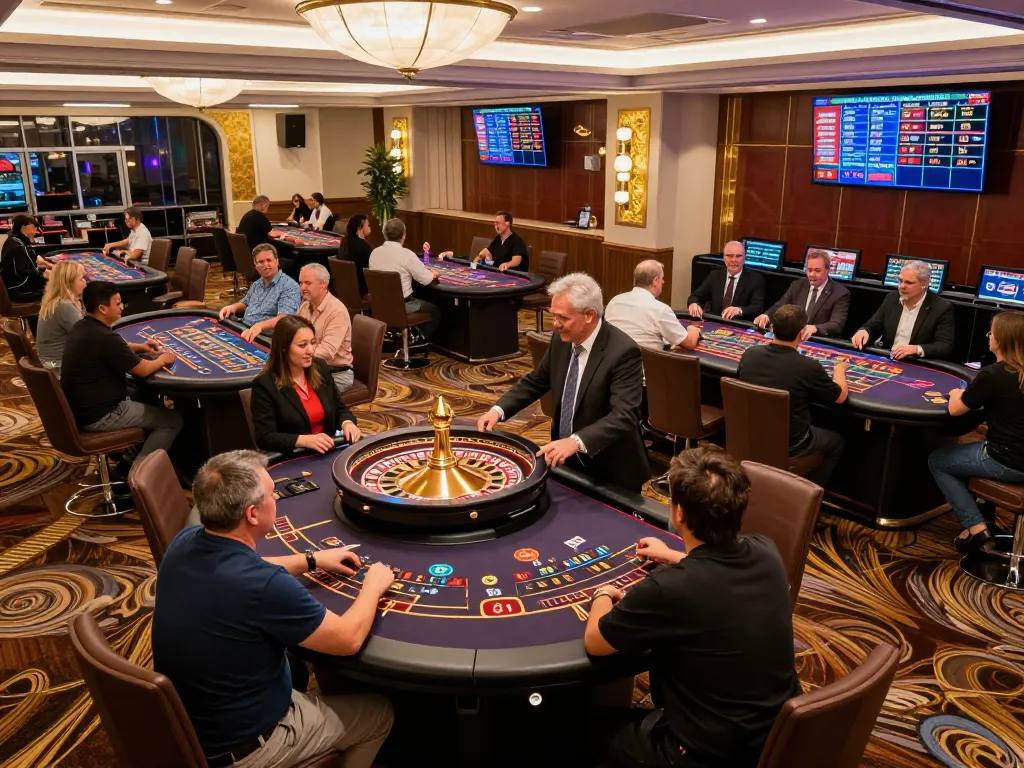 Players enjoying a thrilling game of roulette at 789BET casino floor, cheering after a win with vibrant atmosphere.
