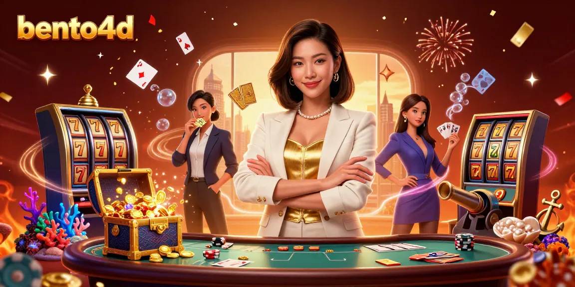 Bento4d menampilkan seorang wanita Asia yang anggun di kasino, memegang kartu emas di tengah elemen permainan slot yang dinamis.