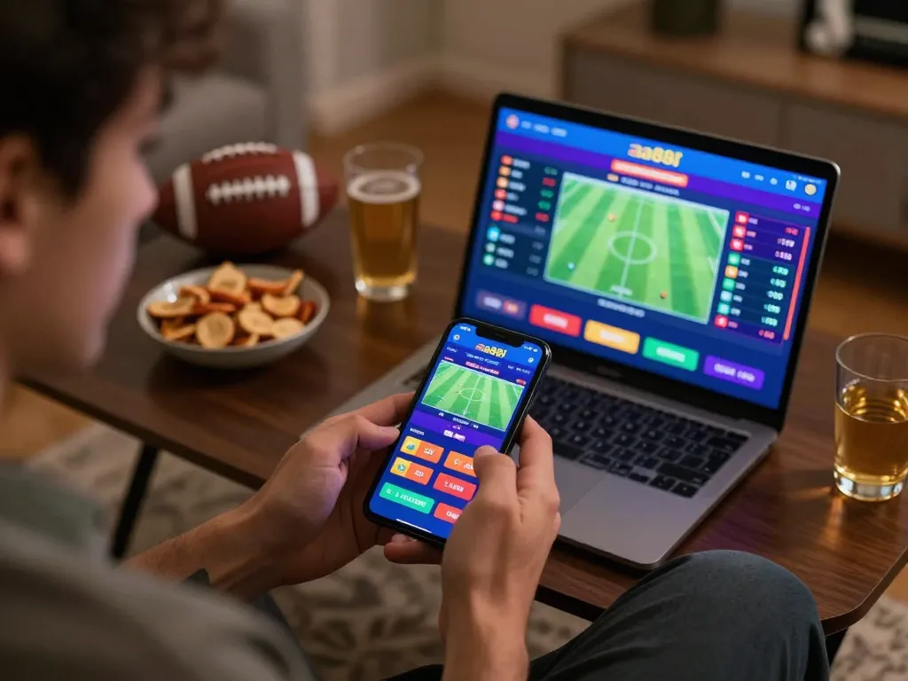 A player enjoying sports betting on aa88i app at home, showcasing vibrant interface.