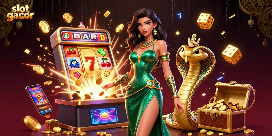 Engage in slot gacor excitement with a captivating scene featuring a golden cobra and jackpot elements.