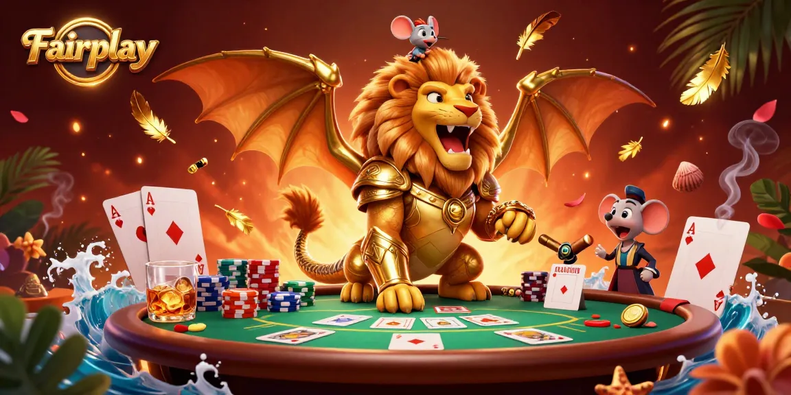 Action-packed scene showcasing Fairplay with a golden armored chimera, poker elements, and a heroic mouse jockey.