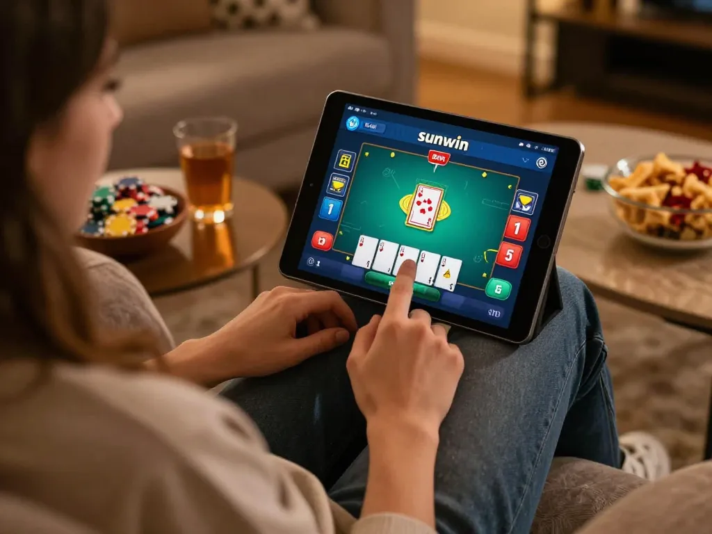 Engaged player using the sunwin app for an exciting poker game at home, showcasing comfortable atmosphere.