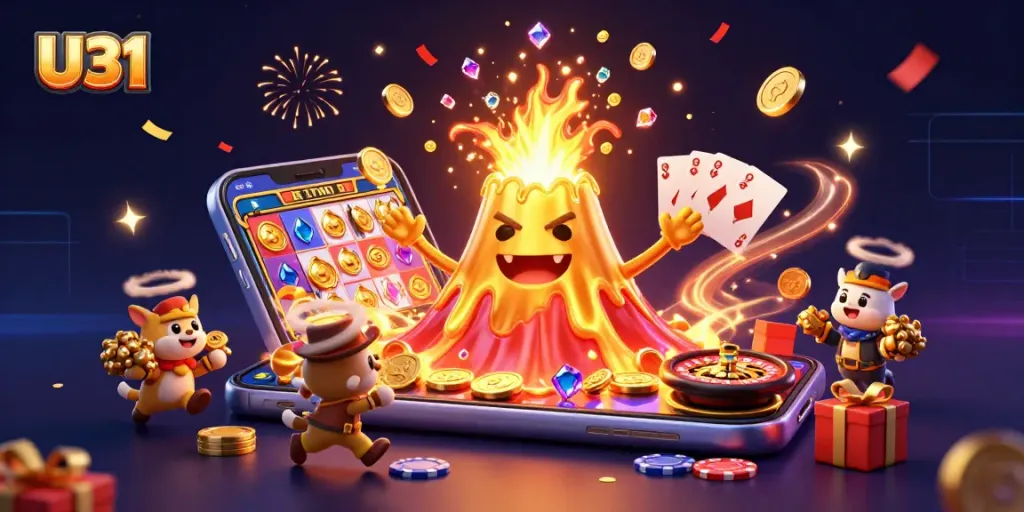 Experience U31's vibrant gaming world with a golden volcano, exploding coins, and delightful treasures!