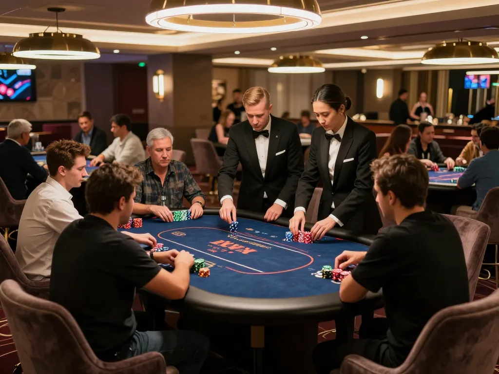 iWin players enjoying an exclusive poker game in a luxurious casino setting with vibrant chips