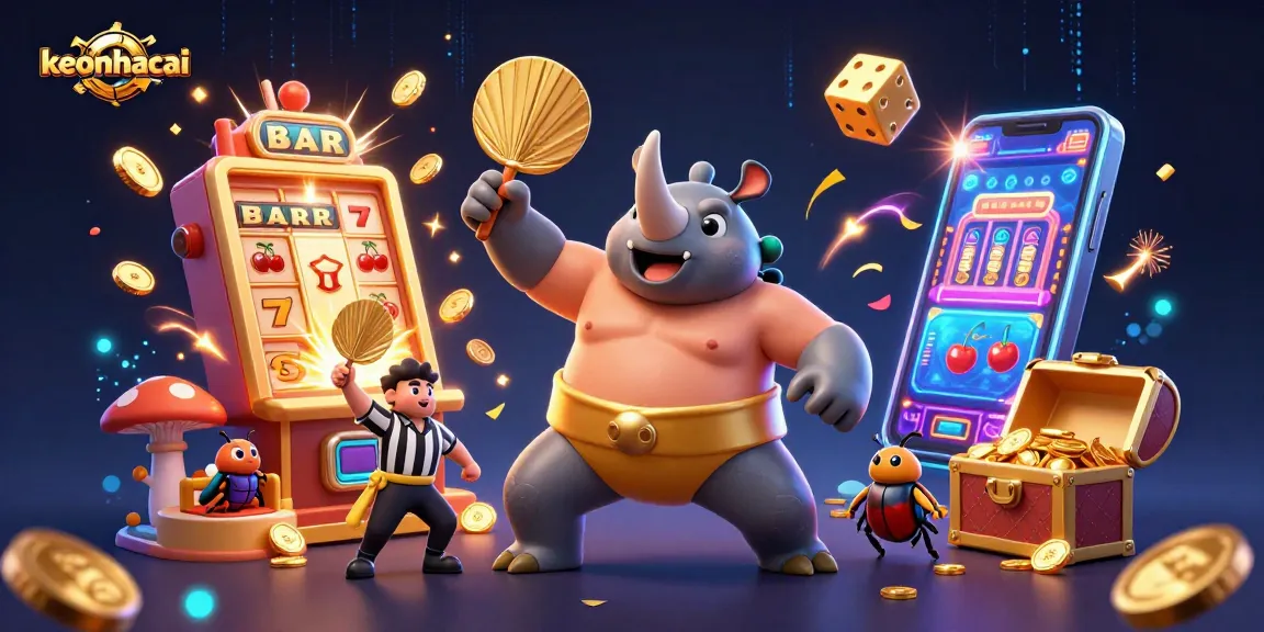 Engage in exciting gaming with keonhacai as a rhinoceros beetle champion stomps golden coins in a vibrant casino scene.