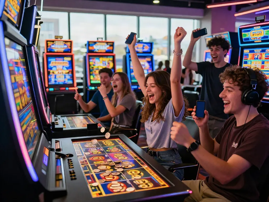 A joyful player celebrating a big win at an online casino slot machine, reflecting the vibrant atmosphere of akunjp.