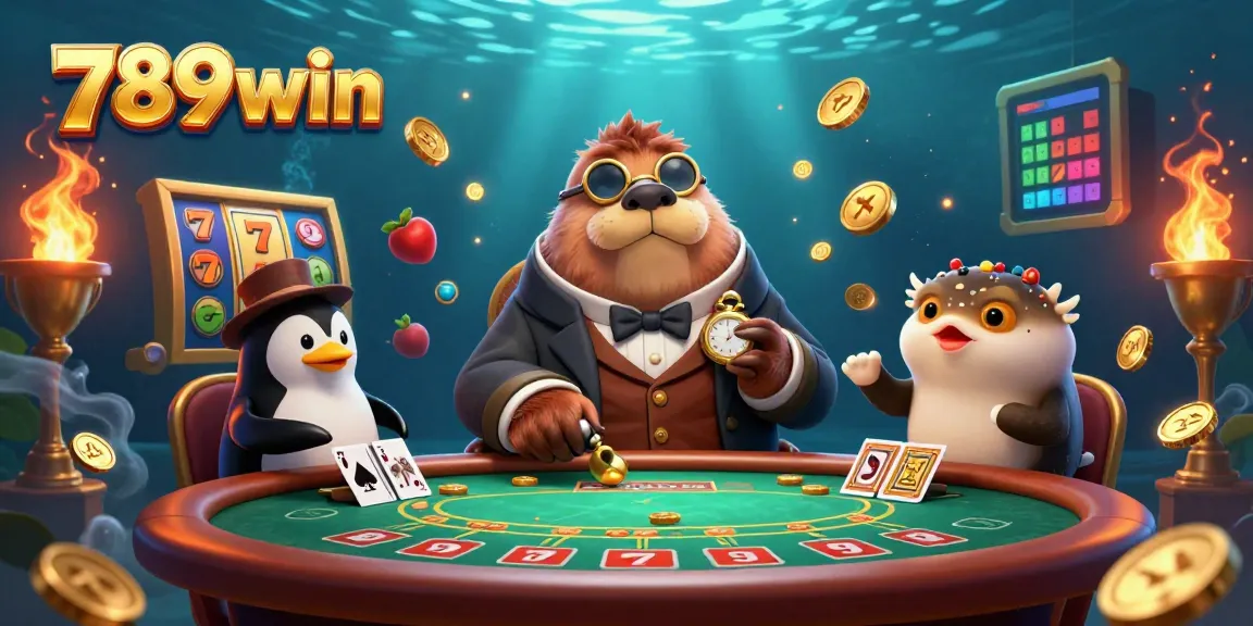 Engage in thrilling gaming at 789win with a jovial walrus at an underwater poker table.