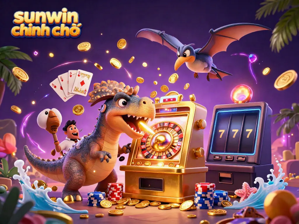 Experience the excitement with sunwin chính chủ as a pachycephalosaurus wins jackpots, surrounded by cascading coins and vibrant casino elements.