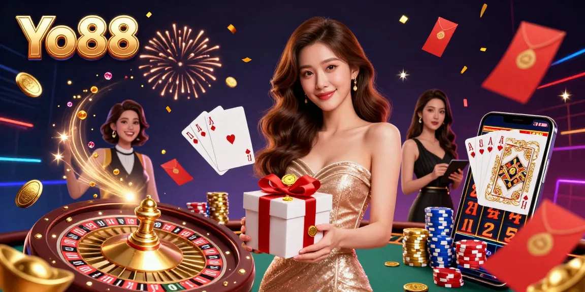 Experience thrilling wins with Yo88's dynamic gambling scene featuring vibrant elements and festive atmosphere.