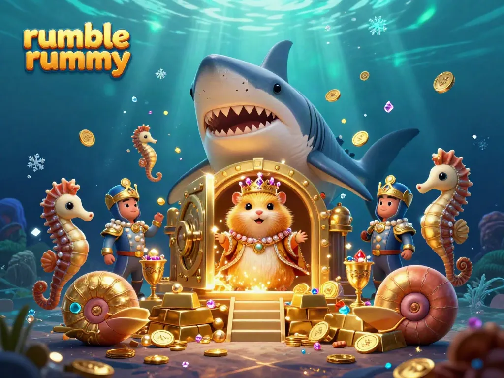 Experience rumble rummy with a golden hamster king in a vibrant underwater casino illustration.