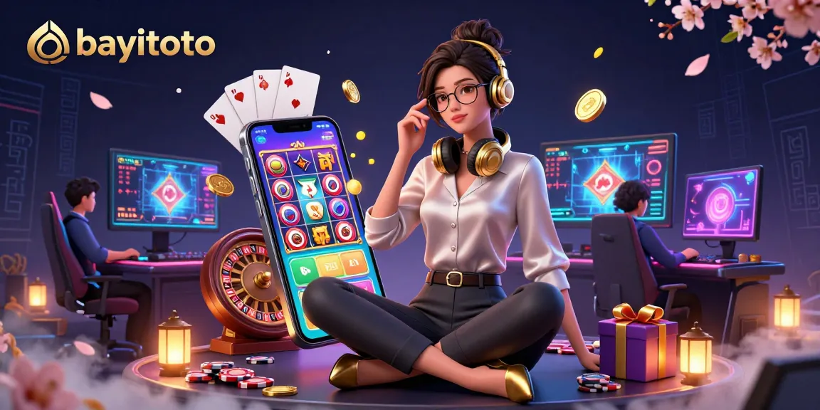 Engage with bayitoto’s vibrant gaming universe showcasing a photorealistic woman gaming with slots and casino elements.