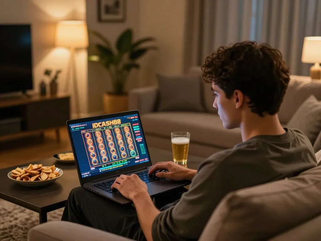 Engaging gameplay on IDCASH88 online slot interface in cozy home setting