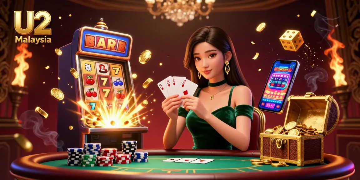 Engage with thrilling games at U2 Malaysia, showcasing a pokerist holding cards at a vibrant casino.