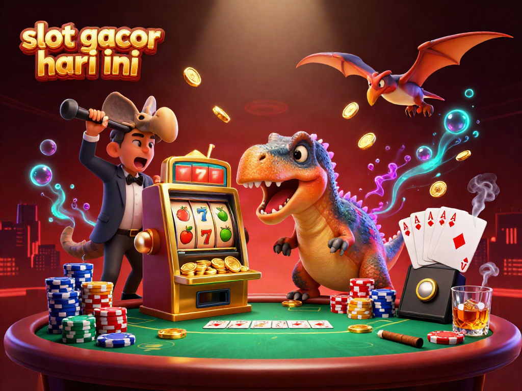 Ilustrasi slot gacor hari ini dengan dinosaurus di kasino, menarik koin jackpot yang berkilau.