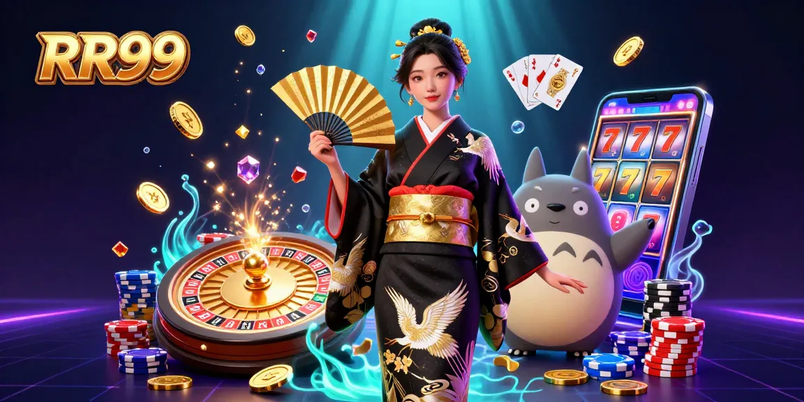Engage with RR99's thrilling casino action featuring a vibrant Asian woman and a wise tanuki amidst dynamic gaming elements.