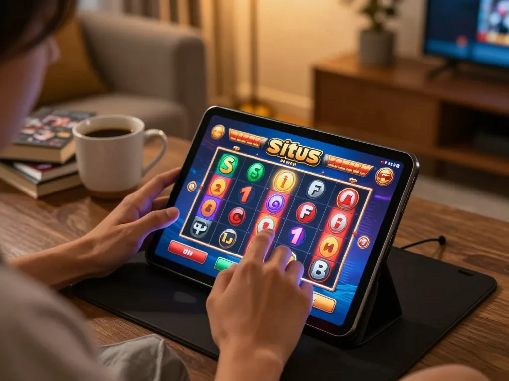Playing situs slot on tablet in cozy living room, showcasing vibrant game interface and strategic betting notes.
