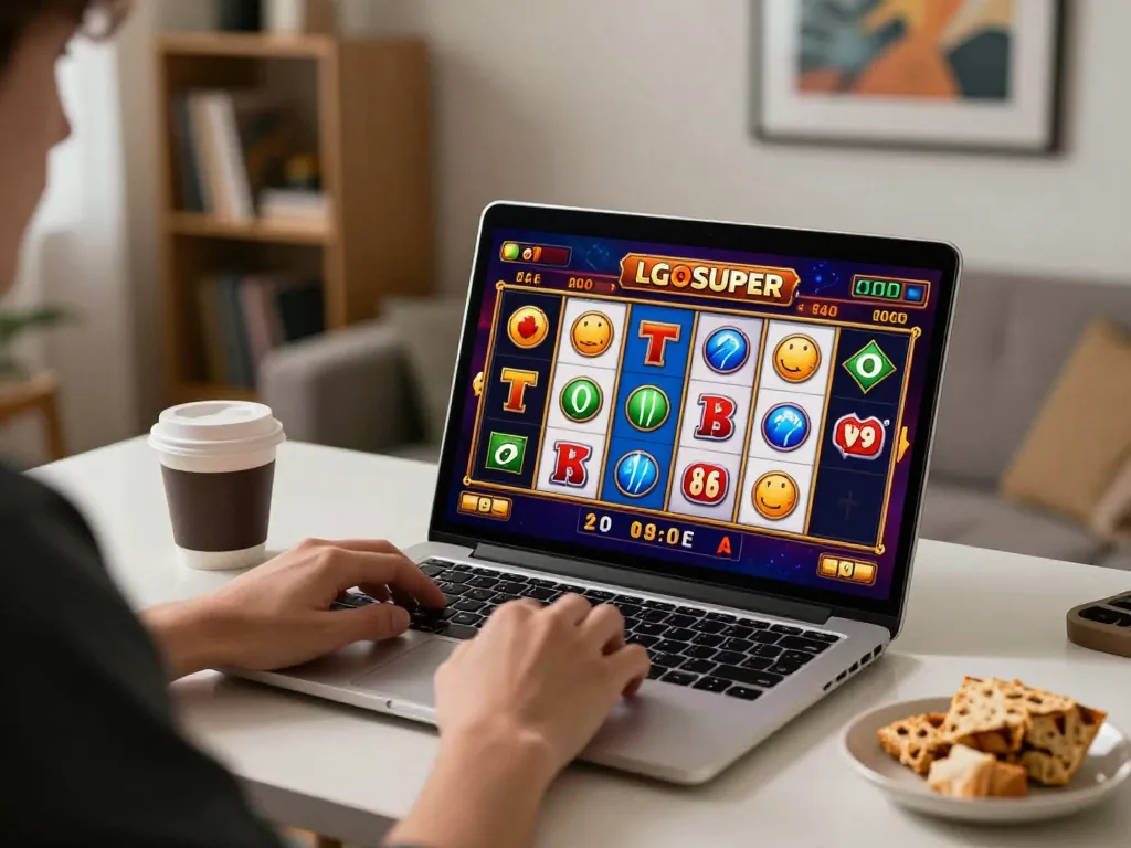 Player enjoying LGOSUPER slot games on a laptop, exhibiting excitement during online play.