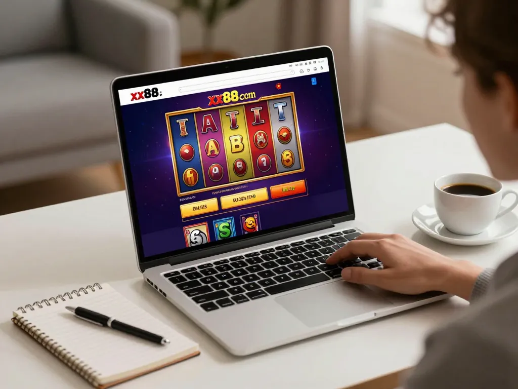 Engaged player enjoying online casino sessions on xx88 com in a cozy home setting with strategic notes.