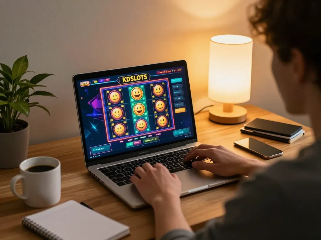 Player engaging with KDSLOTS on laptop, showcasing thrilling slot game interface in cozy home setting.