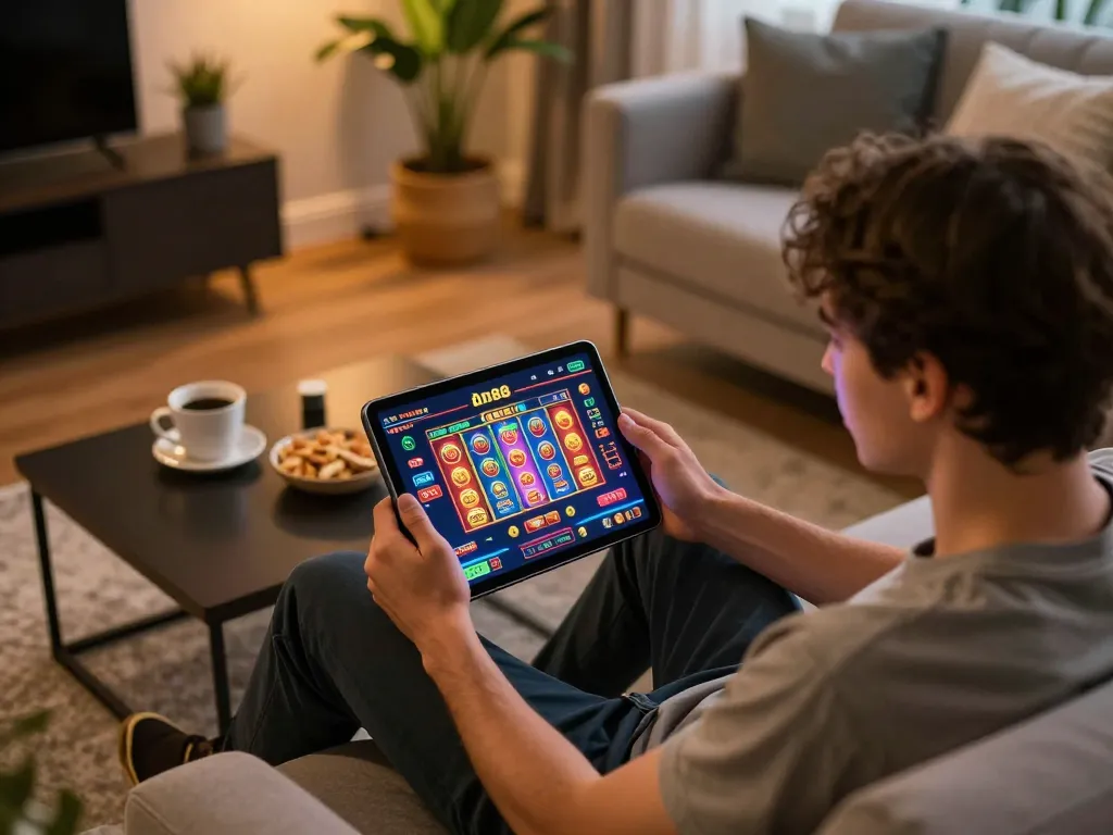 Engaging distraction-free gaming at home with dn88 casino on tablet while enjoying snacks.