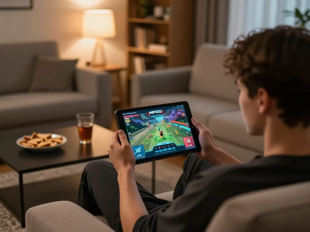 Engaging in the interactive MPOID game at home, showcasing online casino excitement.
