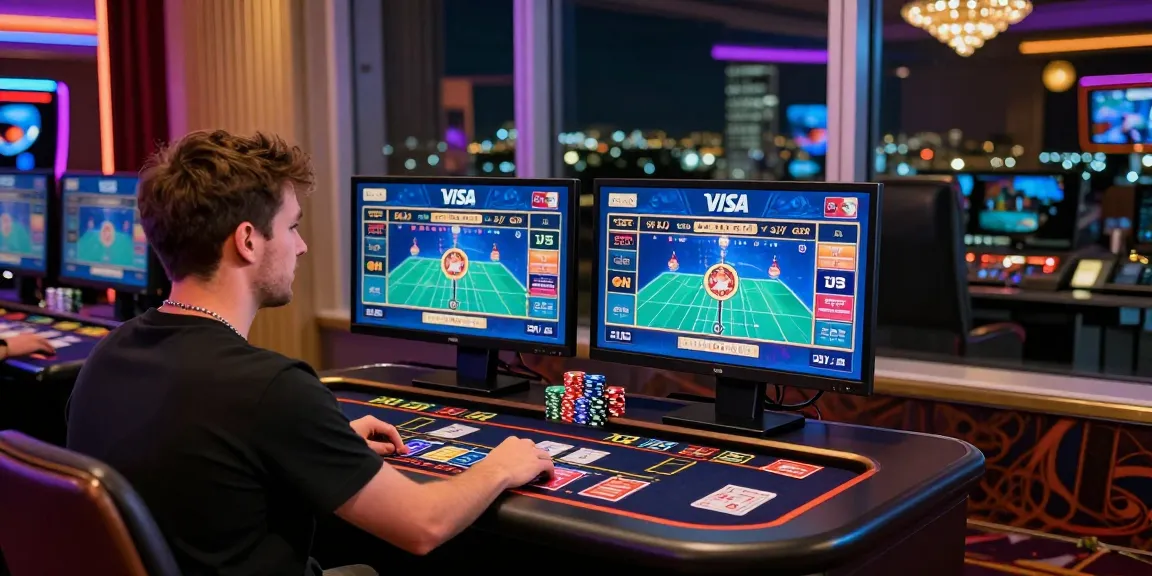 Exciting atmosphere of credit card casinos UK, showing player engaging with live dealer games and Visa, Mastercard logos.