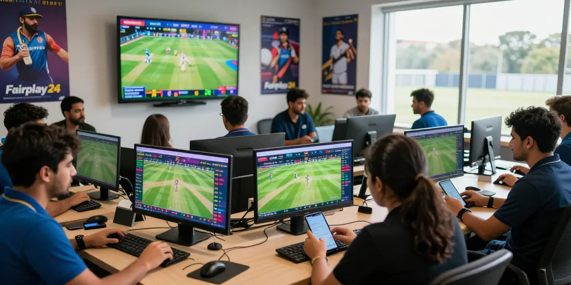 Fairplay24 online betting enthusiasts analyzing cricket stats and engaging in live betting.