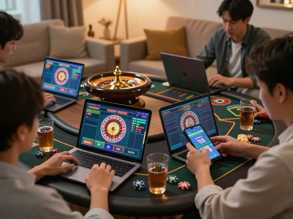 uk88 online gamblers engaged in an exciting roulette game with vibrant screens