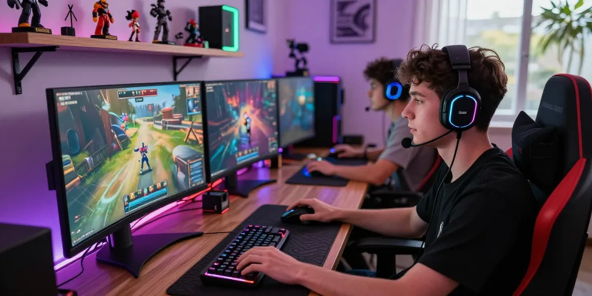 Engaged gamers at a modern gaming setup showcasing vibrant atmosphere of https://fau88.com/ with colorful displays and accessories.