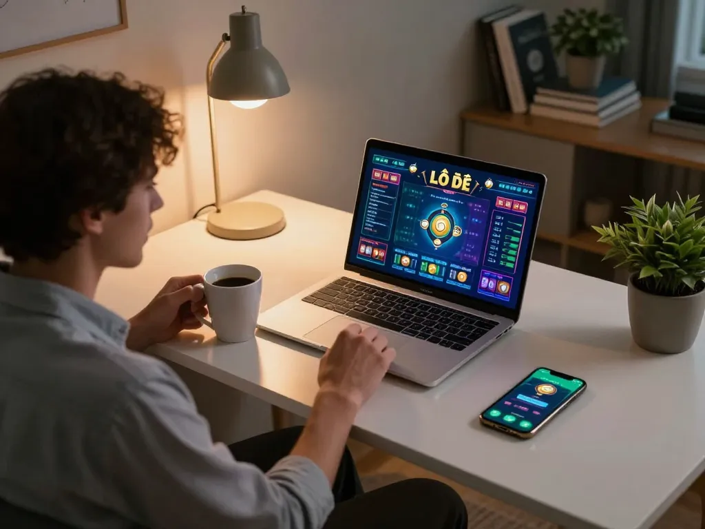 Lô đề online gameplay session at home with a player focused on betting strategies on laptop and phone.