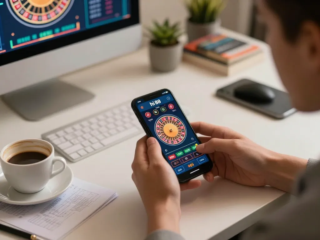 Engaging hi 88 online casino gameplay on a smartphone, showcasing roulette options and home ambiance