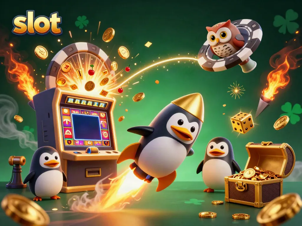 Slot permainan dengan simbol BAR dan lucky 7 terbang di udara dalam ilustrasi kasino yang ceria.