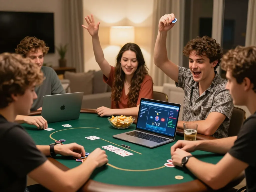 MPO08 players actively engaging in a friendly online poker game at home, showcasing excitement and strategy.
