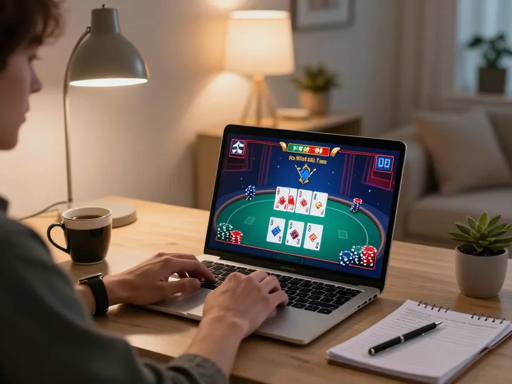 Player using Da88 for online poker, showcasing dynamic gameplay and strategic notes in a cozy home setting.