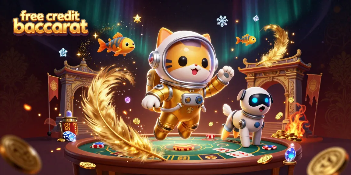 Engage in free credit baccarat with a floating astronaut cat and robot dog amidst a vibrant casino-themed scene.