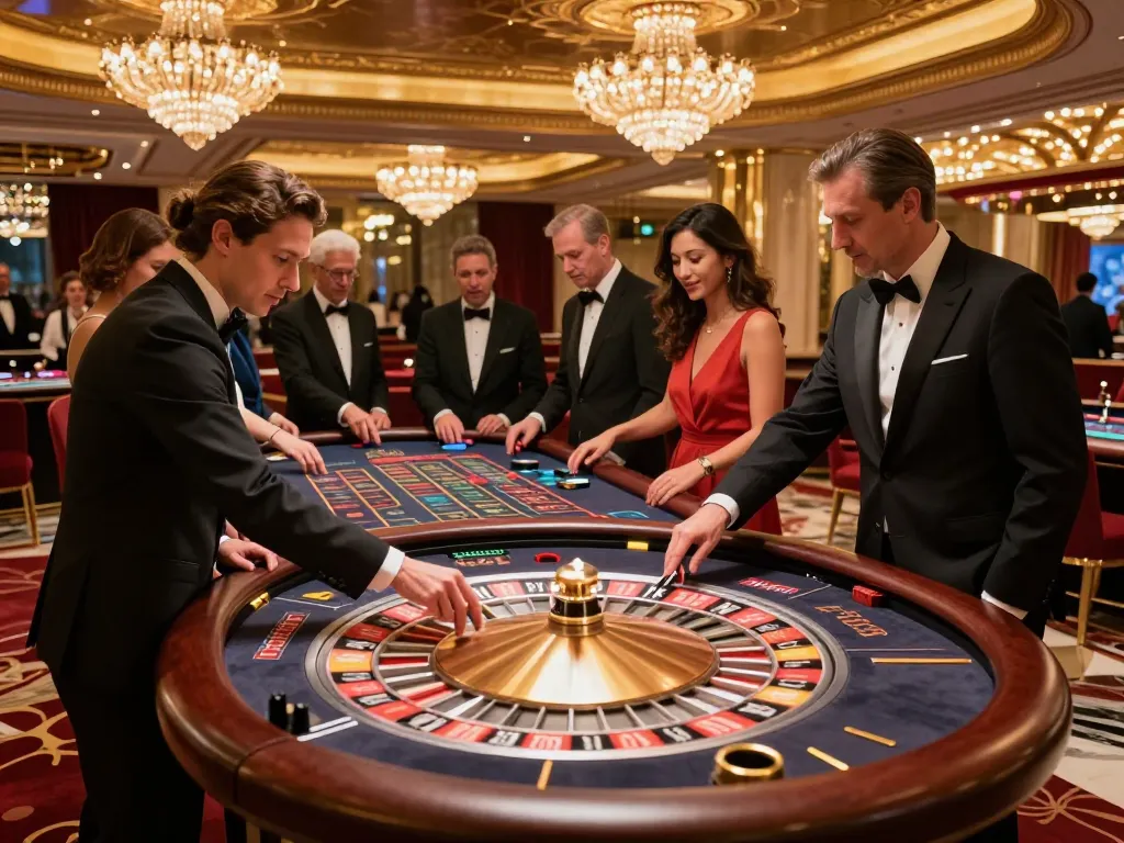 33win players eagerly engaging in a thrilling roulette game at an upscale casino