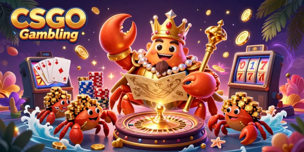 Engage in CSGO Gambling with a vibrant illustration of a crab emperor, roulette, and jackpot winnings.
