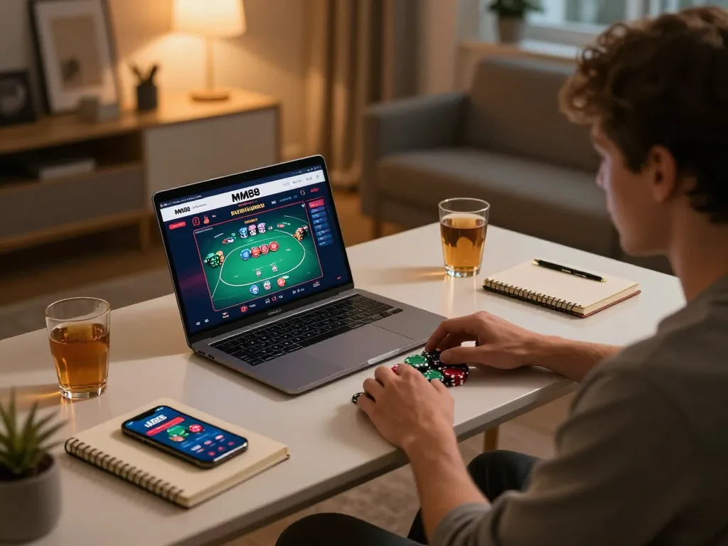 Player strategizing at home using MM88 for online poker, laptop glowing, cozy atmosphere.