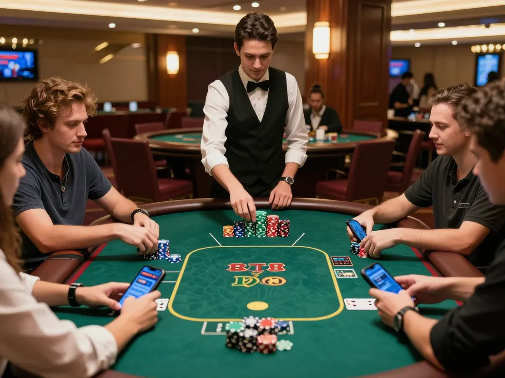 Engaged friends playing poker at sc88 casino table, vibrant atmosphere and colorful chips create excitement.