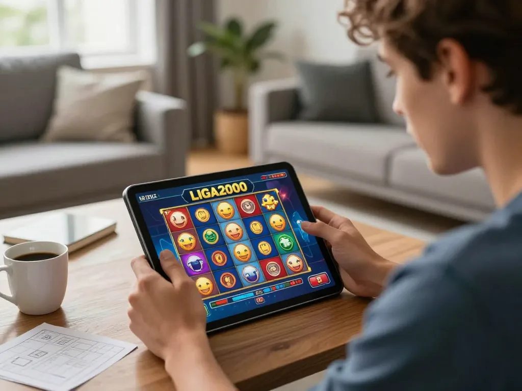 LIGA2000 gameplay on a tablet in a cozy living room setting, emphasizing responsible online gaming.