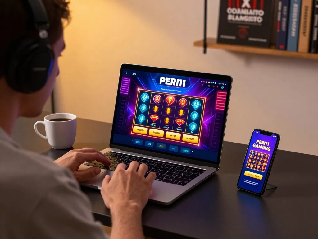 Engaging in high-stakes poker on PERI11 platform, modern gaming setup with strategic focus.
