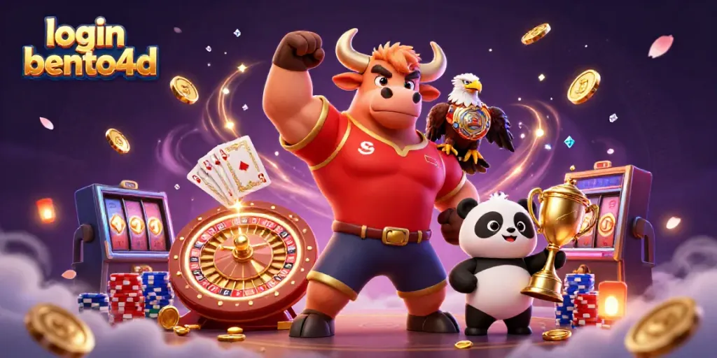Join the fun with login bento4d, surrounded by cascading coins, cards, and trophies for a thrilling gaming experience.