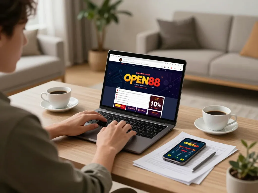 Engaging player enjoying a strategic online gaming experience at OPEN88, with laptop display showing casino options.