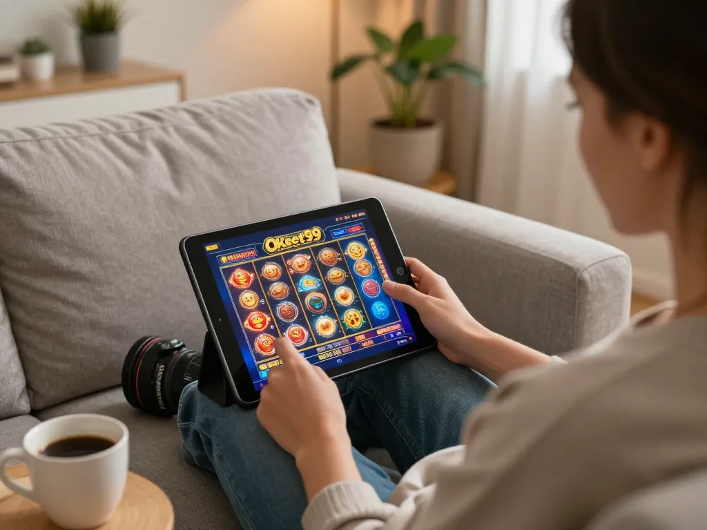 Orang menikmati permainan slot online Okebet99 di tablet dalam suasana rumah yang nyaman.