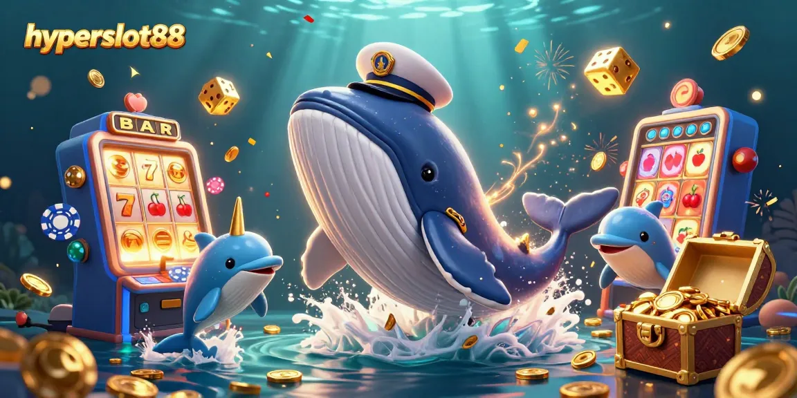 Experience thrilling wins at hyperslot88 with captivating scenes of whales, coins, and slot machines.